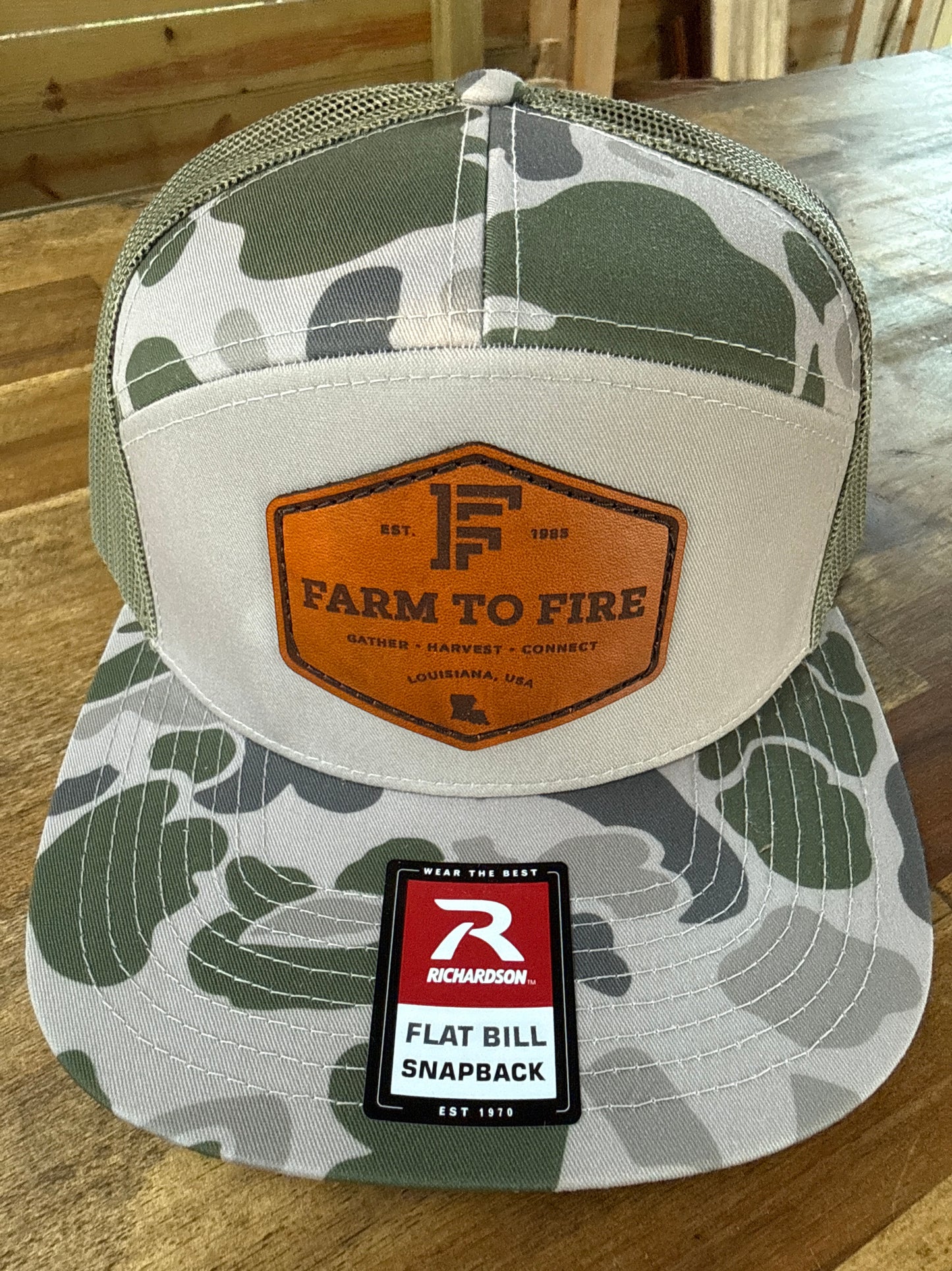 C1 Green Camo 7panel Richardson Flat Bill Hat Diamond Dark Leather