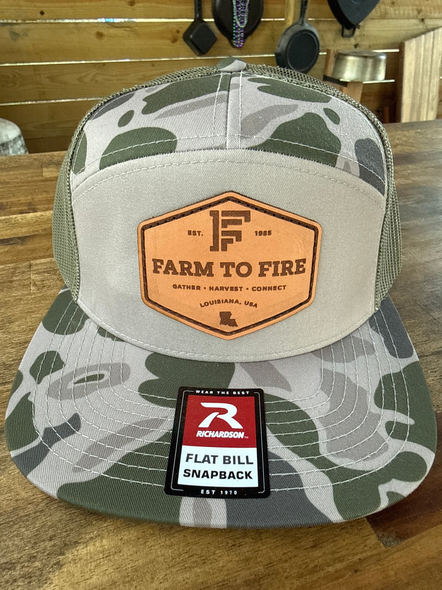 C2 Green Camo 7panel Richardson Flat Bill Hat Diamond Light Leather