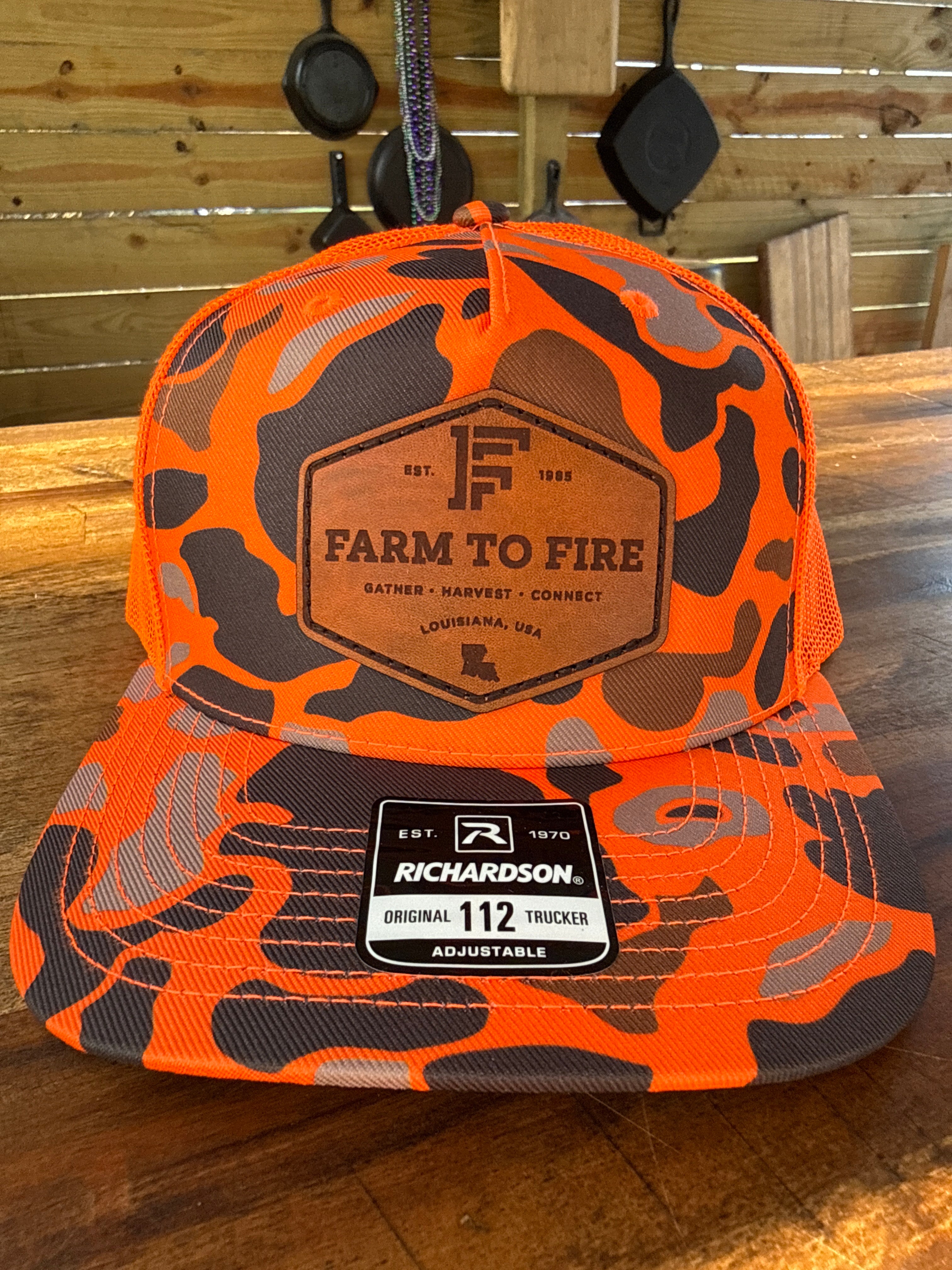 A1 Orange Camo Richardson 112 Hat Diamond Leather – Farm To Fire