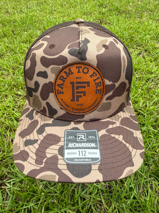 Tri-brown Camo Richardson Hat with Circle Leather Patch